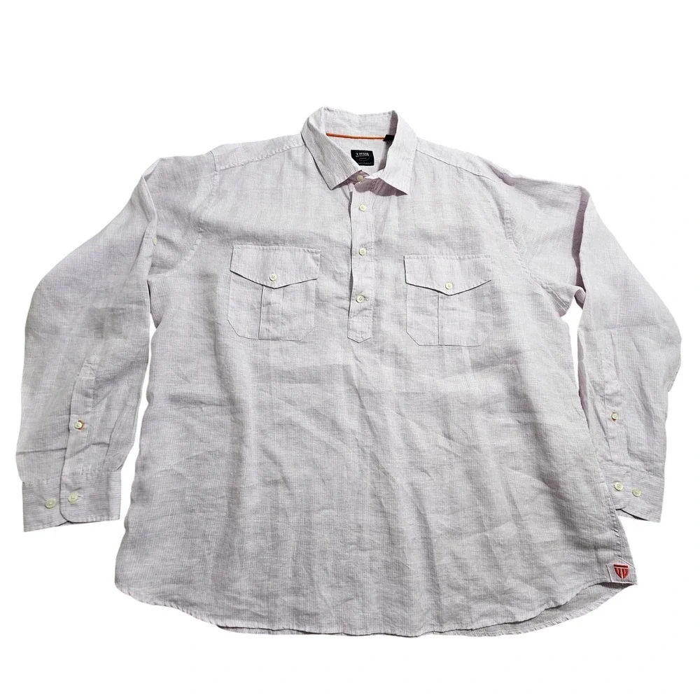 True Measure Popover Shirt XXL Light Purple Striped Linen Long Sleeve